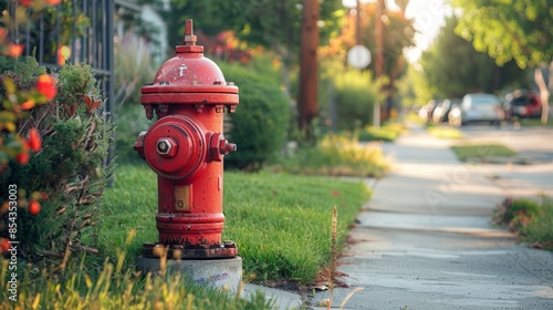 Vivid red fire hydrant on the sidewalk of a residential side street, picturesque suburban homes and gardens