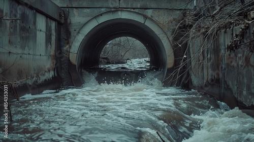Waste water flowing through a large concrete culvert, highlighting the pollution and environmental impact, detailed and raw