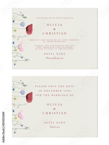 Wedding invitation template, minimalist modern floral brown tone