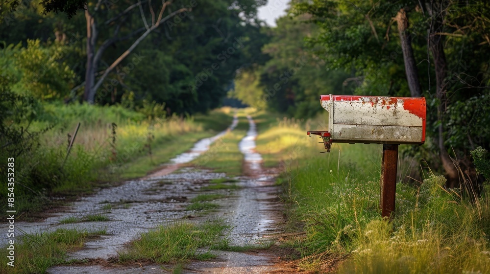 White and red mailbox standing alone on a rural road, overgrown grass encroaching, peaceful countryside setting White and red mailbox standing alone on a rural road, overgrown grass encroaching, peaceful countryside setting