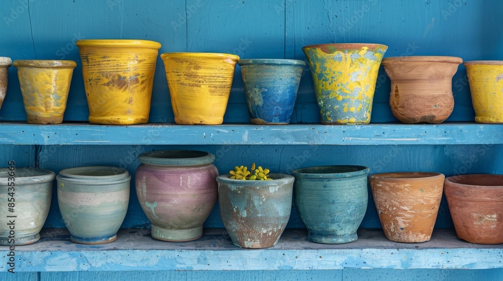 Yellow painted terra cotta pots on a blue shelf, vibrant and rustic, detailed ceramic textures and colors Yellow painted terra cotta pots on a blue shelf, vibrant and rustic, detailed ceramic textures and colors