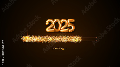Progress bar with golden particles on black Download New Year's Eve. Loading animation screen with Glitter confetti shows almost reaching 2025. Creative festive banner with shiny progress bar
