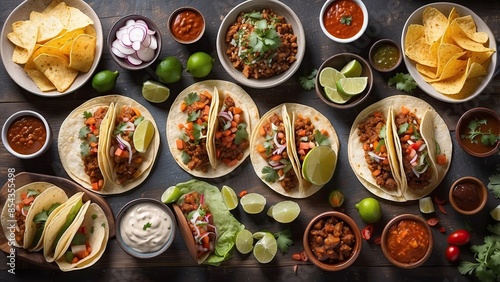 Top down view of a table full of Mexican tacos with lots of side dishes and sauces photo