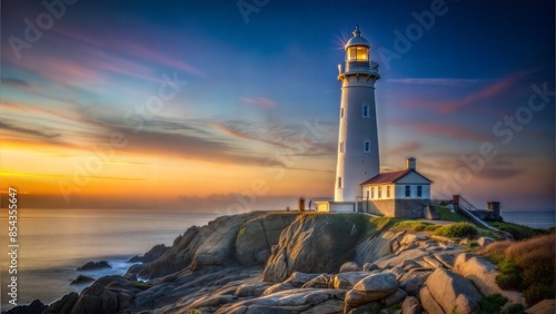 Wallpaper Mural A tall, white lighthouse shines brightly in the distance, standing on a high, rocky shore, proudly towering in the morning light with a light haze, against the backdrop of a dark sky Torontodigital.ca