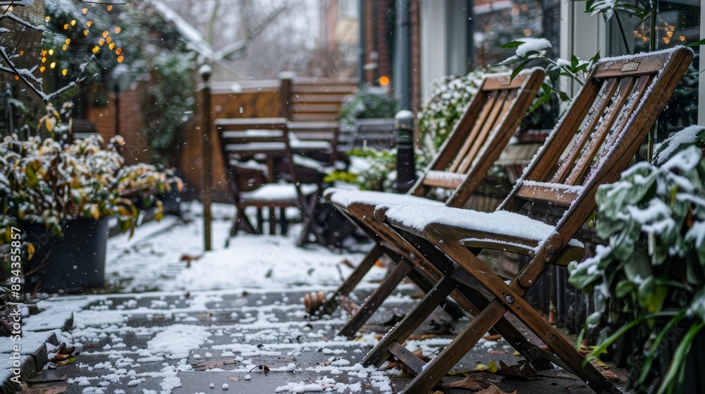 Snow-dusted wooden chairs on a small stone patio, winter atmosphere, quiet and chilly Snow-dusted wooden chairs on a small stone patio, winter atmosphere, quiet and chilly