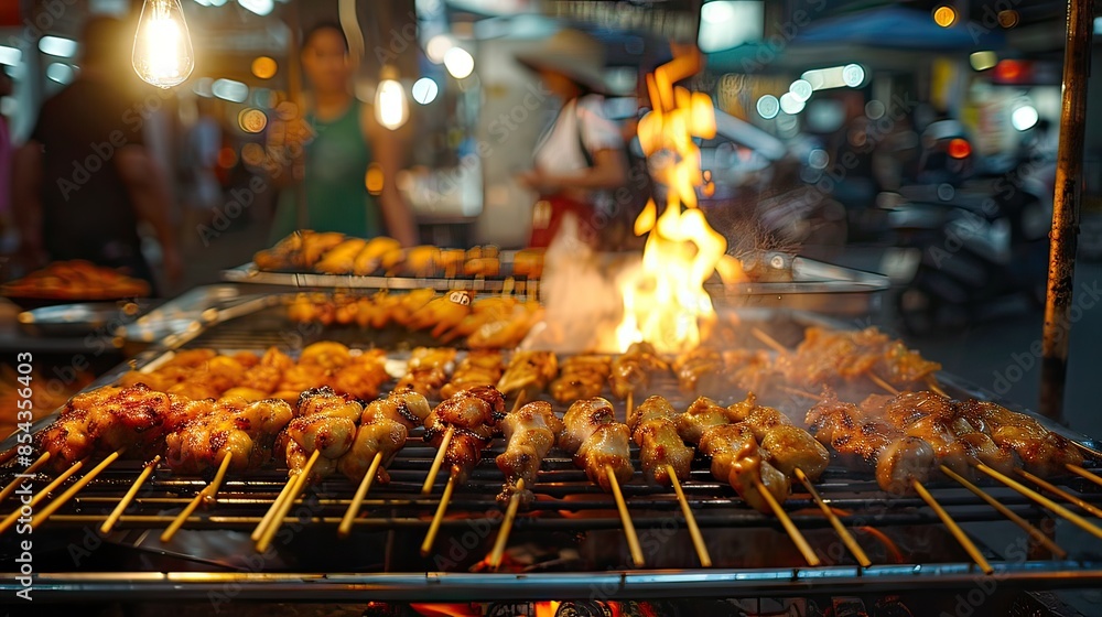 Grilled Skewers on a Street Food Stall with Blurred Background and Bokeh Lights at Night Market Grilled Skewers on a Street Food Stall with Blurred Background and Bokeh Lights at Night Market