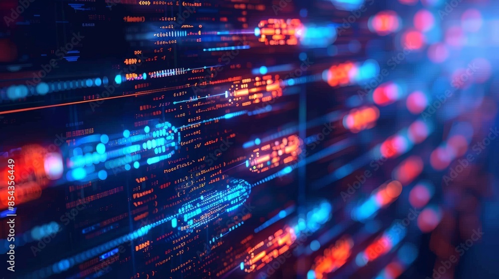 Abstract representation of digital data flow with glowing lines and dots in a futuristic technology background. Abstract representation of digital data flow with glowing lines and dots in a futuristic technology background.