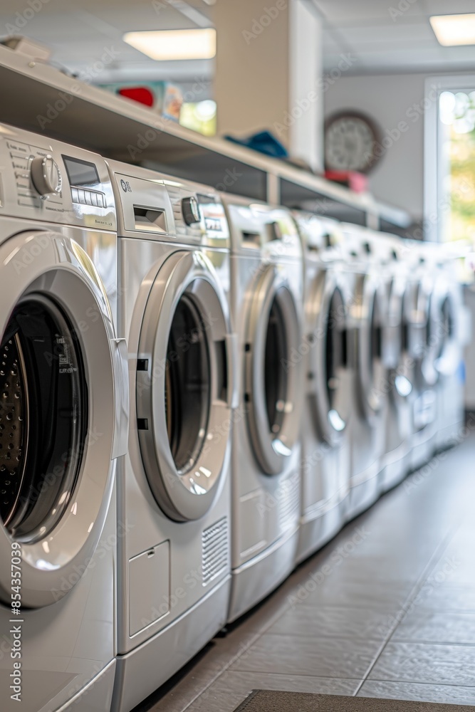 A bright and clean laundry room featuring a row of modern washing machines. Ideal for concepts of cleanliness, efficiency, and modern living. A bright and clean laundry room featuring a row of modern washing machines. Ideal for concepts of cleanliness, efficiency, and modern living.