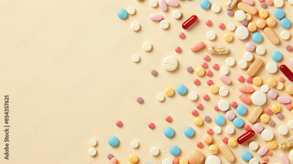 Bright tablets and capsules spread on beige background Macro view with space for text Bright tablets and capsules spread on beige background Macro view with space for text
