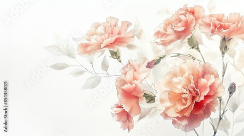 Delicate pink carnations bloom on a white background with soft, watercolor-like detail.
