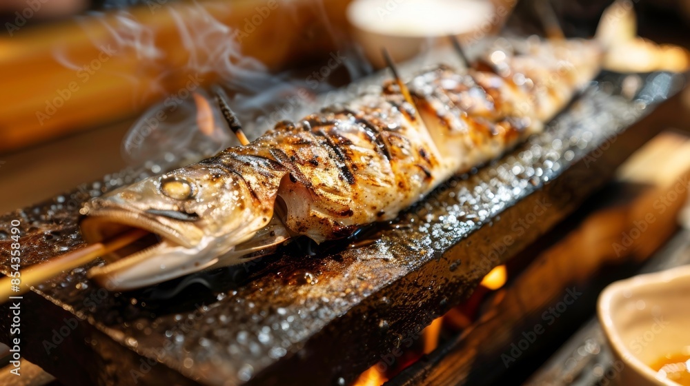 A large fish is carefully skewered and grilled over an open flame infusing it with delicious smoky flavors. A large fish is carefully skewered and grilled over an open flame infusing it with delicious smoky flavors.