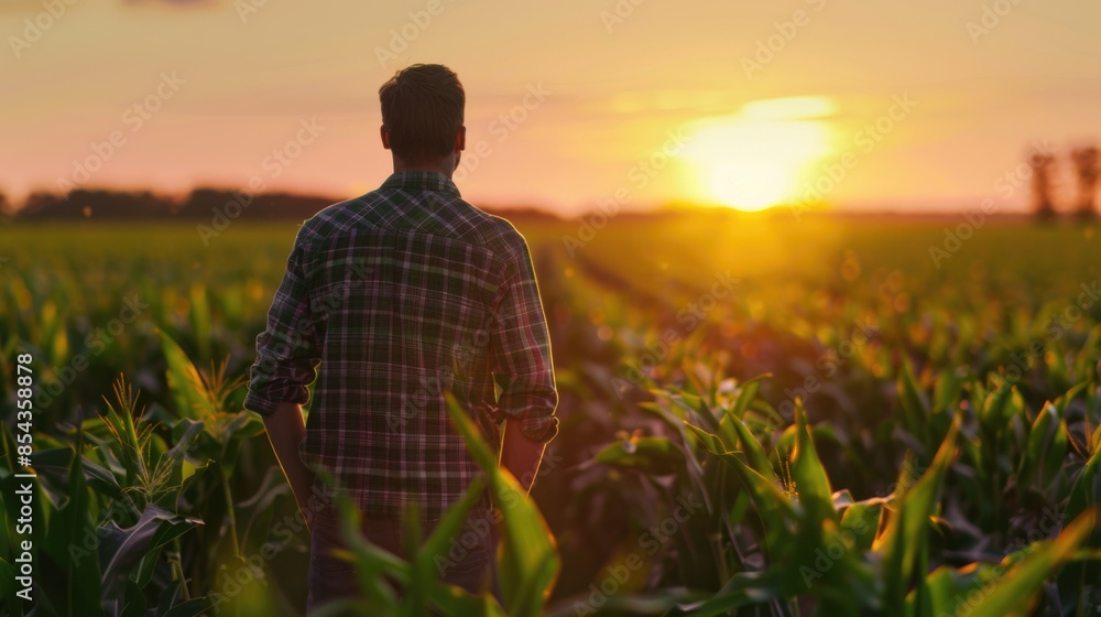 Proud Farmer in Vast Cornfield at Sunset - Accomplishment and Dedication in Agriculture Proud Farmer in Vast Cornfield at Sunset - Accomplishment and Dedication in Agriculture