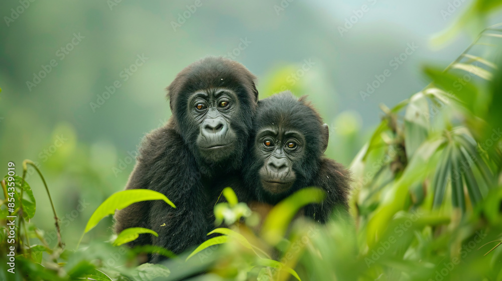 Two young gorillas sit nestled in lush green foliage, their faces turned towards the camera. Two young gorillas sit nestled in lush green foliage, their faces turned towards the camera.