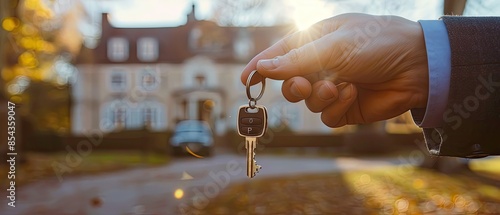 Wealthy individual holding keys to a luxury car and mansion photo