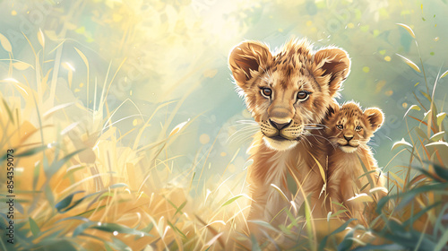 A mother lion and her cub stand in tall grass, bathed in warm sunlight. Their eyes meet, conveying a strong bond of love and protection.