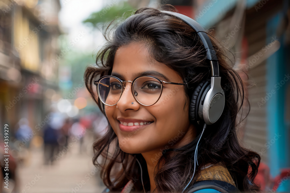 Close-up photo of a young Indian smiling female student wearing headphones and glasses standing outside in the city and looking away Close-up photo of a young Indian smiling female student wearing headphones and glasses standing outside in the city and looking away