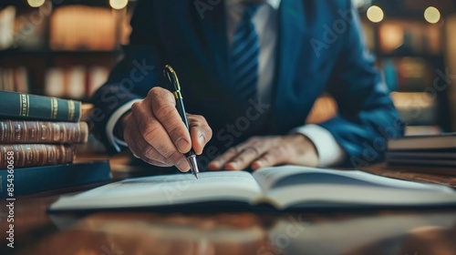 A lawyer, acting as legal advisor and businessman, reviews business contracts within legal processing books to ensure accuracy in the documentation, focusing on joint financial investment details  © Aytaj