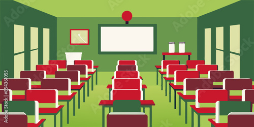 A classroom devoid of occupants, furnished with rows of chairs and a projector screen, anticipates the imminent arrival of students