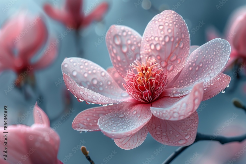 Pink Magnolia Blossom Covered in Dew Drops Pink Magnolia Blossom Covered in Dew Drops