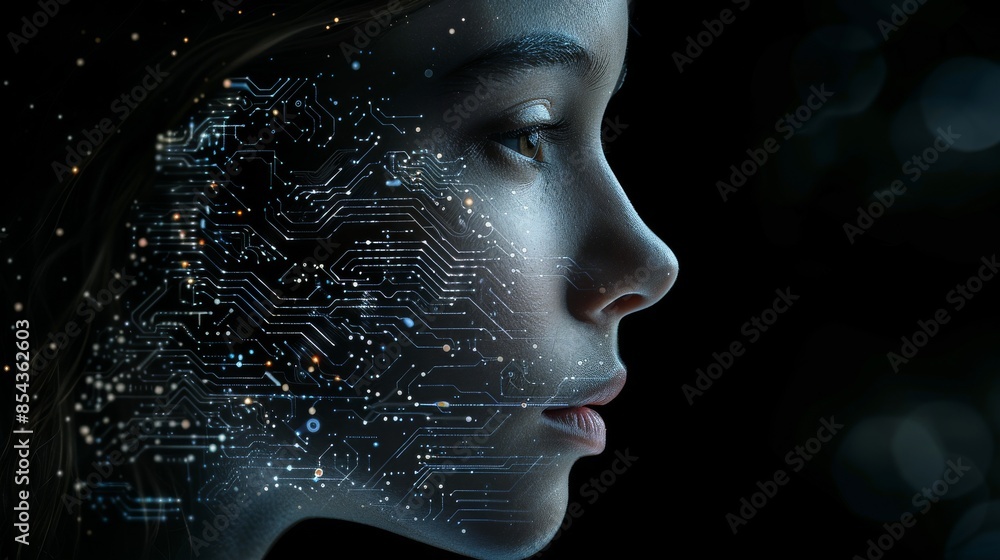 Profile View of AI Female Face with Circuitry and Digital Elements Representing Artificial Intelligence Against Black Background Profile View of AI Female Face with Circuitry and Digital Elements Representing Artificial Intelligence Against Black Background