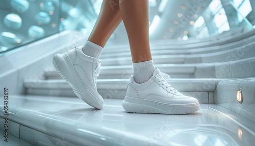 Walking in White Sneakers on Futuristic Stairs