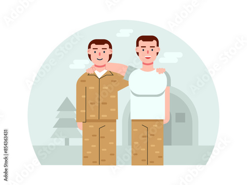 Two happy soldier friends in a military camp. Army vector illustration.