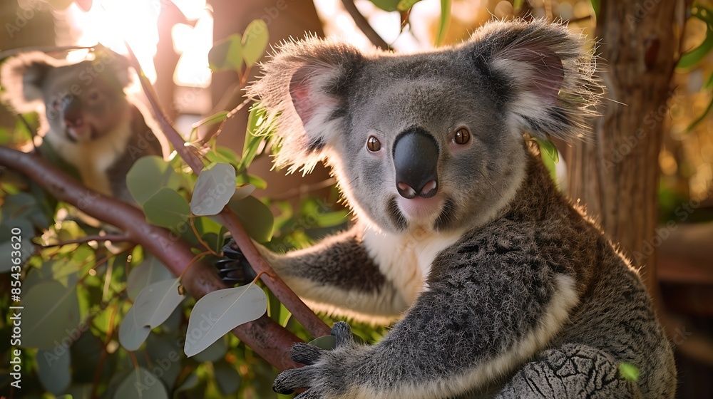 Naklejka premium Kawaii Koalas Relaxing on Branches in a Sun-Drenched Forest