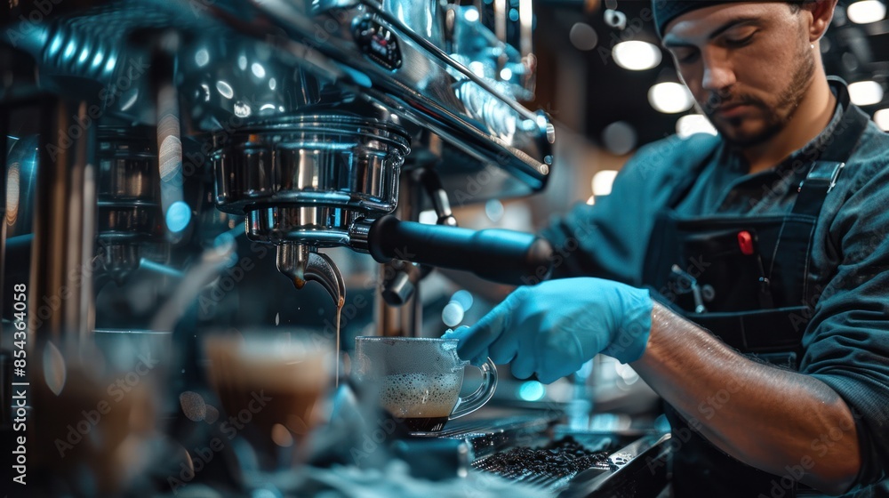 A barista cleaning the espresso machine, emphasizing the maintenance and care involved. A barista cleaning the espresso machine, emphasizing the maintenance and care involved.