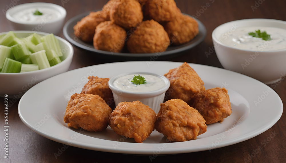 boneless buffalo chicken wings with ranch dressing and celery sticks on a plate boneless buffalo chicken wings with ranch dressing and celery sticks on a plate