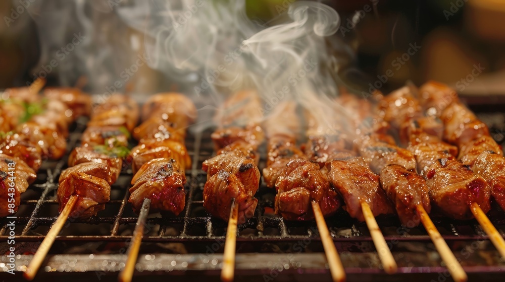 A sizzling grill cooks up skewers of marinated meats filling the air with mouthwatering aroma. A sizzling grill cooks up skewers of marinated meats filling the air with mouthwatering aroma.