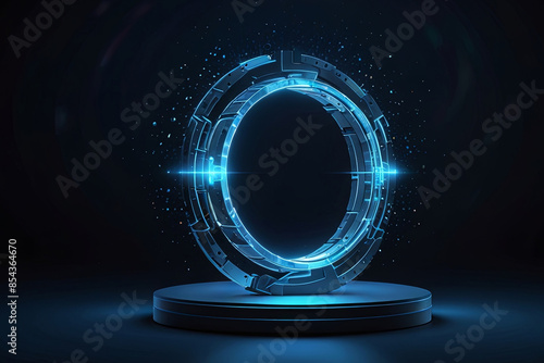 Blue hologram portal with a magical, sci-fi design. High-tech, futuristic teleport podium with stunning light effects.