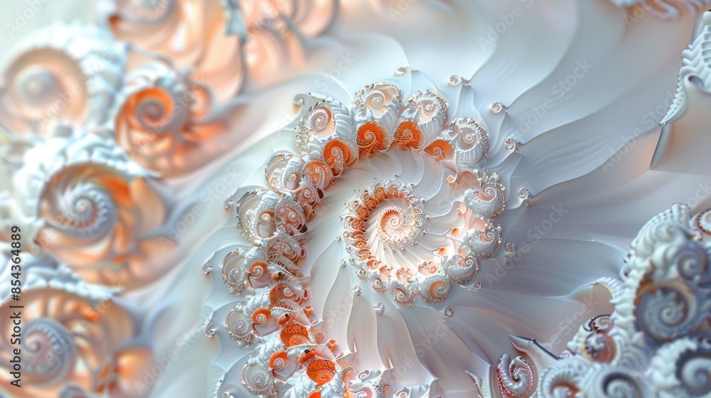 Intricate spiral fading into the distance with peach and grey colors against a white backdrop Intricate spiral fading into the distance with peach and grey colors against a white backdrop