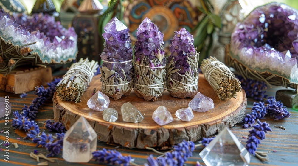 Healing grid setup with crystal towers and sage smudge sticks, detailed and tranquil, perfect for a spiritual setting Healing grid setup with crystal towers and sage smudge sticks, detailed and tranquil, perfect for a spiritual setting