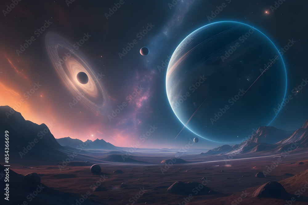space illustration featuring distant galaxies, planets, and stars in a vibrant cosmic setting. This realistic, cinematic sci-fi artwork captures the vastness and beauty of the universe space illustration featuring distant galaxies, planets, and stars in a vibrant cosmic setting. This realistic, cinematic sci-fi artwork captures the vastness and beauty of the universe