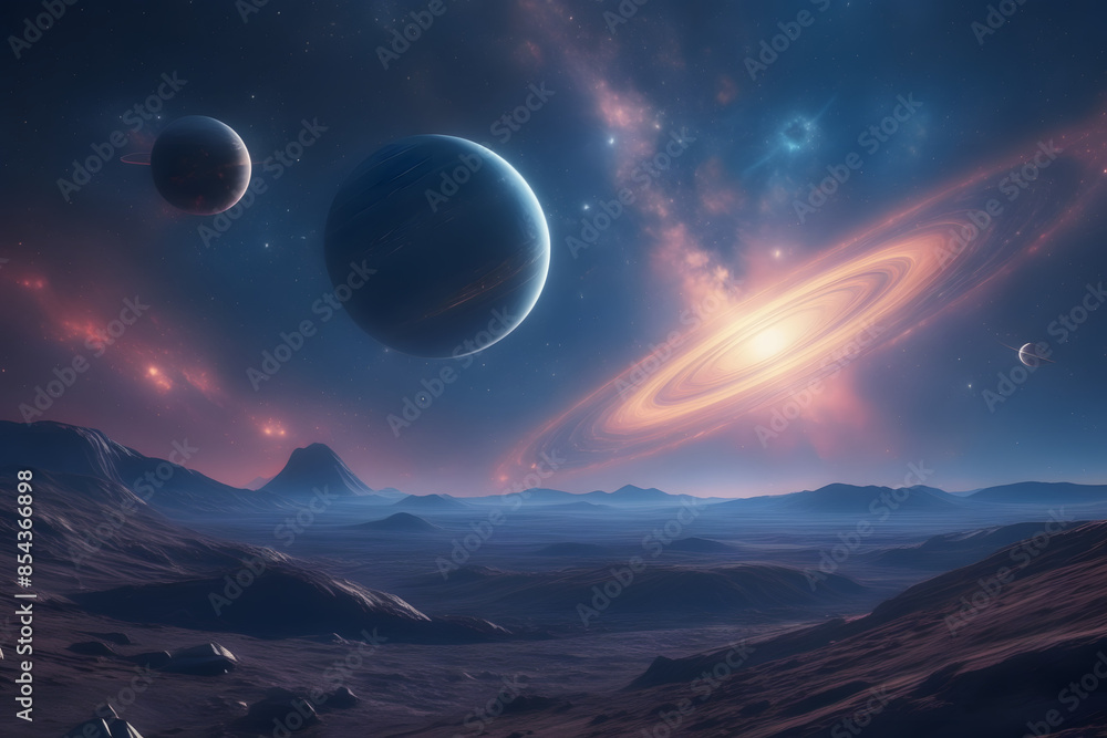 space illustration featuring distant galaxies, planets, and stars in a vibrant cosmic setting. This realistic, cinematic sci-fi artwork captures the vastness and beauty of the universe space illustration featuring distant galaxies, planets, and stars in a vibrant cosmic setting. This realistic, cinematic sci-fi artwork captures the vastness and beauty of the universe