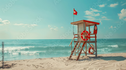 Beach environments with lifeguard towers, flags, and safety signs with copy space.