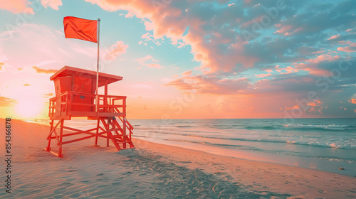 Fototapeta Naklejka Na Ścianę i Meble -  lifeguard towers, flags against sunset sky in the beach with copy space.