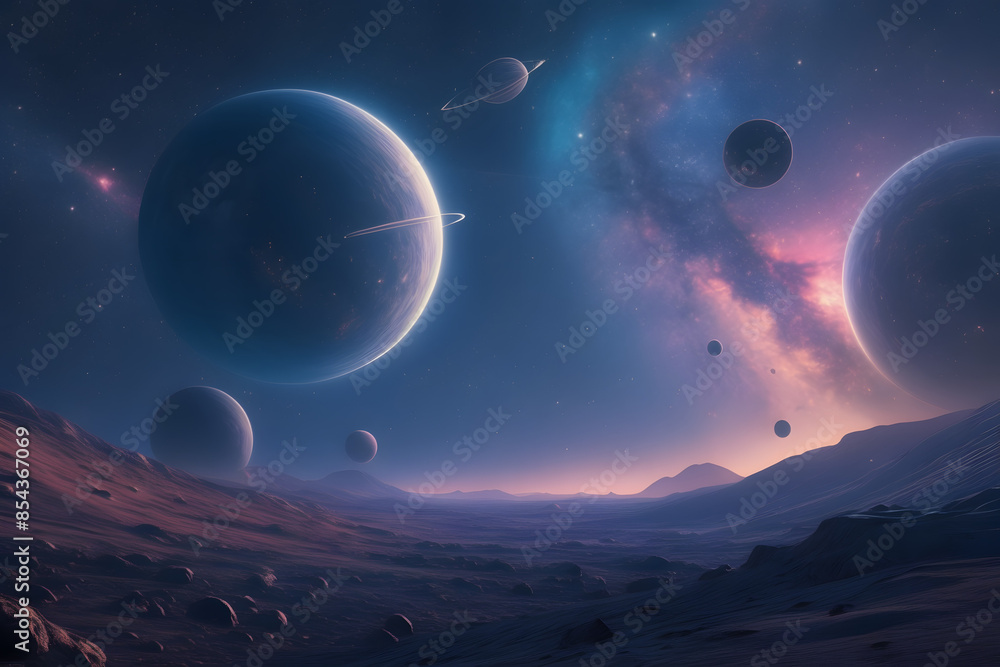space illustration featuring distant galaxies, planets, and stars in a vibrant cosmic setting. This realistic, cinematic sci-fi artwork captures the vastness and beauty of the universe space illustration featuring distant galaxies, planets, and stars in a vibrant cosmic setting. This realistic, cinematic sci-fi artwork captures the vastness and beauty of the universe