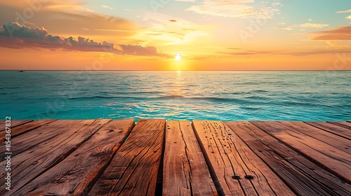 Wooden Table, Turquoise Ocean, Sunset Afternoon Background : Suitable for Be Used for Display and Promotion Product with Summer Vibes.