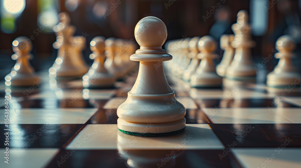 close up chess pieces white pawn on blurred chess background with copy space. soft focus.