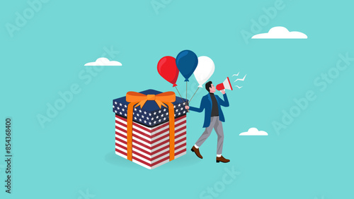 United States Independence Day celebration, happy 4th of july, Business people announce door prize winners at American Independence Day event with giftbox and balloons with American flag patterns