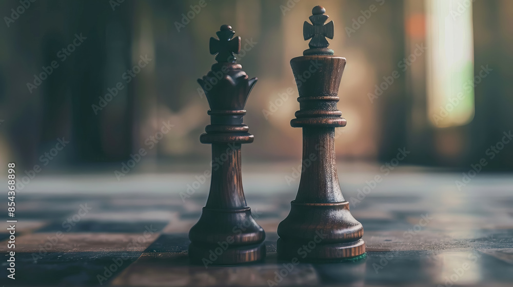 Chess Pieces King and queen on chess board with copy space Chess Pieces King and queen on chess board with copy space