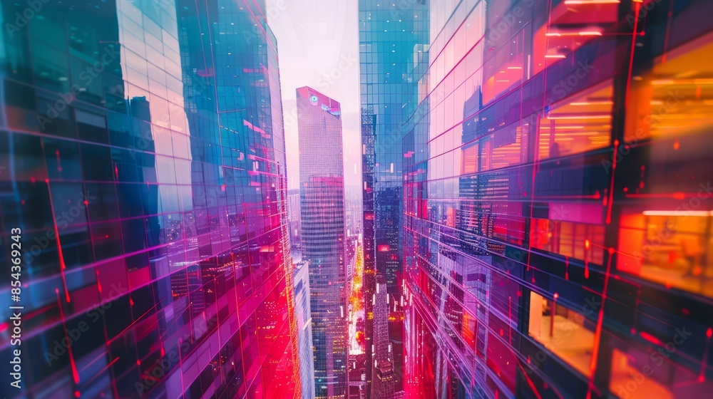 Double exposure of modern skyscrapers in business district Double exposure of modern skyscrapers in business district
