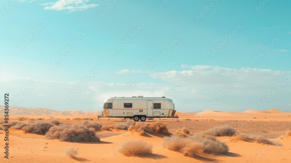 Obraz premium A white camper is parked in the desert