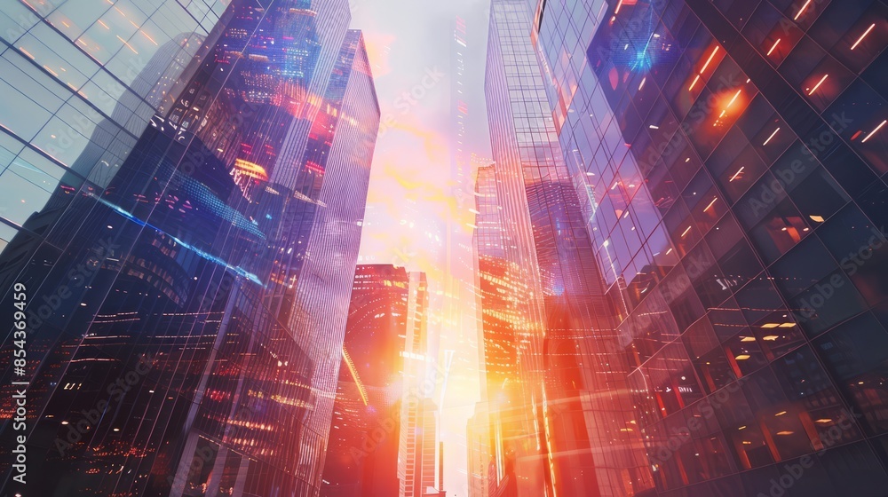 Obraz premium Double exposure of modern skyscrapers in business district