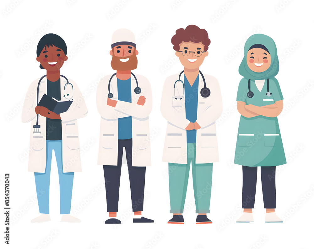 Smiling group of doctors style cartoon characters isolated. Multinational medicine workers collective, diverse medical team, Smiling group of doctors style cartoon characters isolated. Multinational medicine workers collective, diverse medical team,