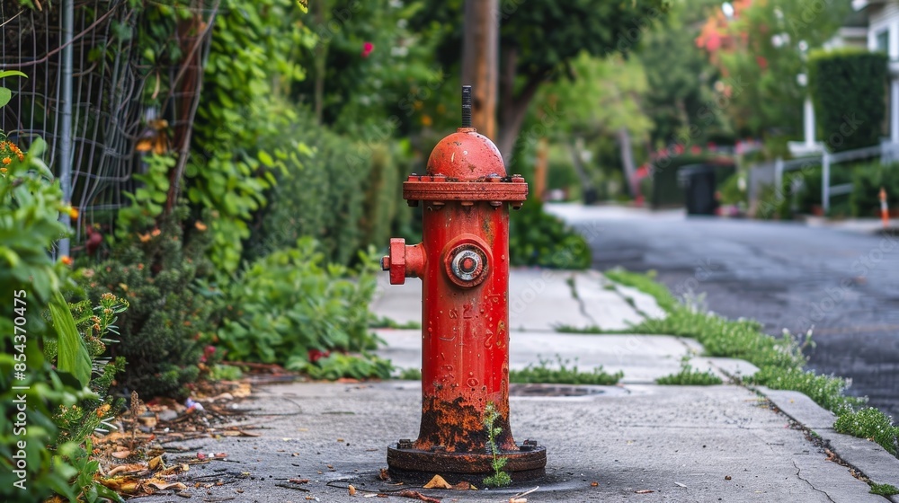 Red fire hydrant situated on a side street in a quiet residential neighborhood, lush greenery around Red fire hydrant situated on a side street in a quiet residential neighborhood, lush greenery around
