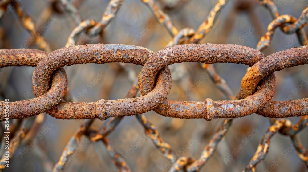Rusted chain and close mesh security gate, extreme close-up showing the fine mesh pattern and aged metal Rusted chain and close mesh security gate, extreme close-up showing the fine mesh pattern and aged metal