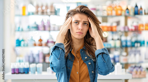 A young woman with a headache stands in a pharmacy, looking distressed and holding her temples.