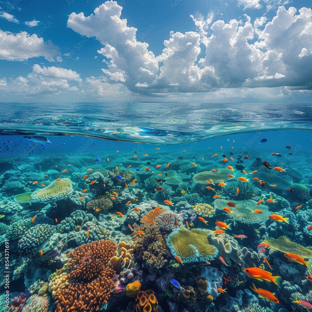 Beautiful coral underwater, surfing the sea There were small fish swimming in small groups. The sky was clear and the sun was shining. Beautiful coral underwater, surfing the sea There were small fish swimming in small groups. The sky was clear and the sun was shining.